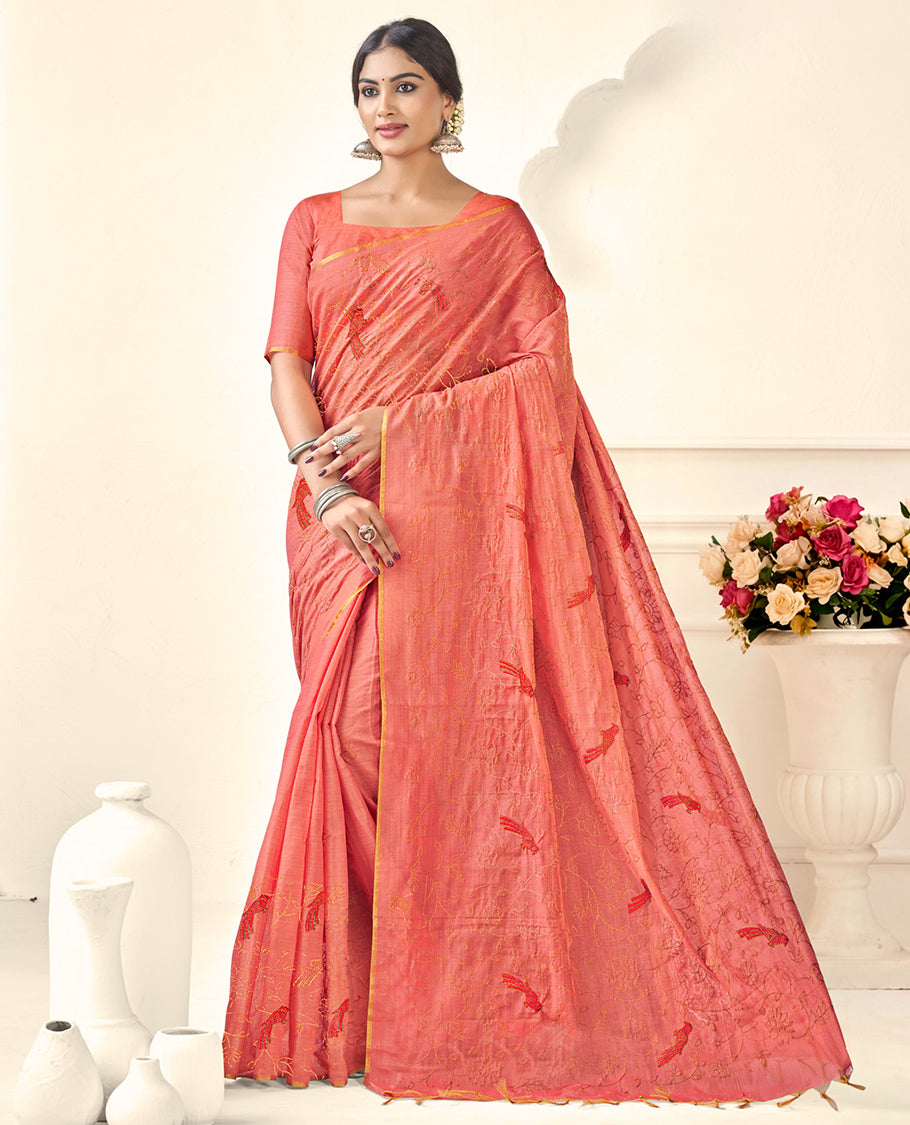 Borderless Dark Peach Floral-Bird Embroidered Linen Cotton Designer Catalog Saree, and a Matching Blouse