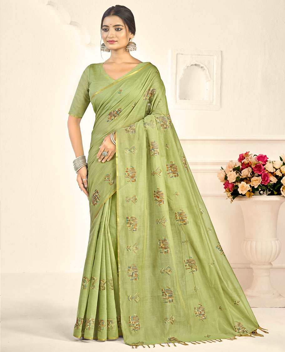 Borderless Green Floral-Elephant Embroidered Linen Cotton Designer Catalog Saree, a Matching Blouse