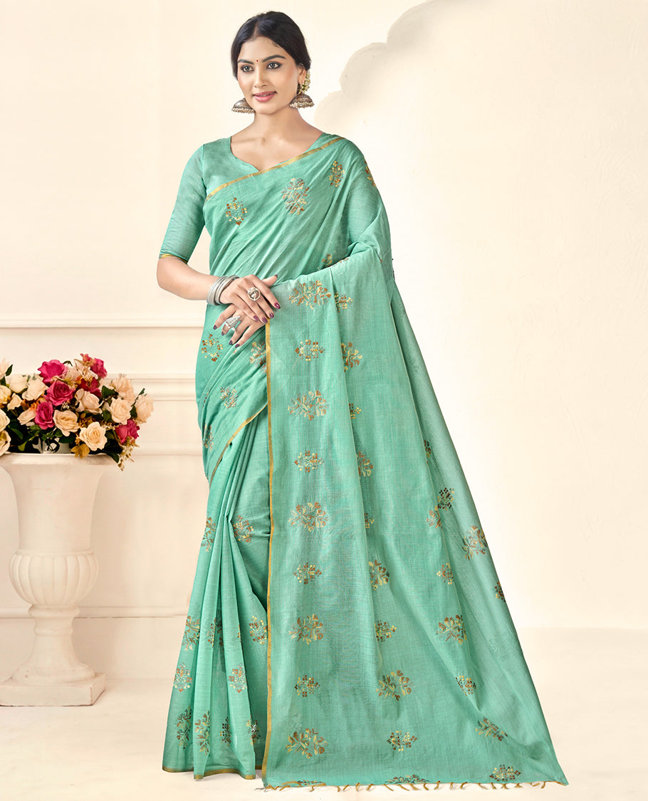 Borderless Green Linen Cotton Designer Catalog Saree, Bedecked with Embroidered Motifs, and a Matching Blouse