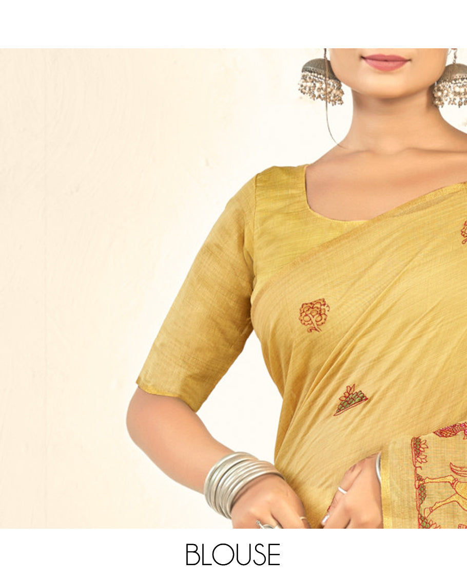 Borderless Sandal Floral-Animal Embroidered Linen Cotton Designer Catalog Saree, a Matching Blouse