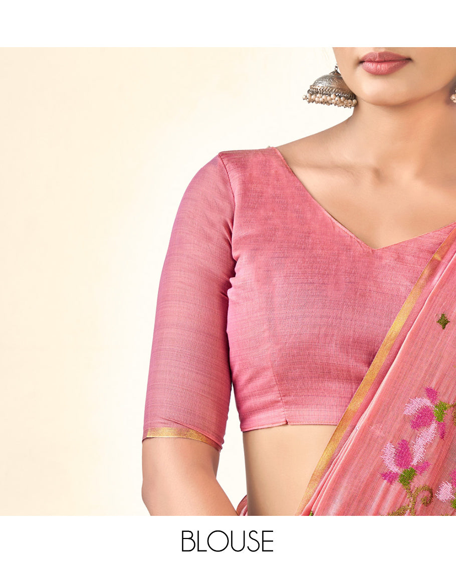 Borderless Pink Peacock Embroidered Linen Cotton Designer Catalog Saree, a Matching Blouse