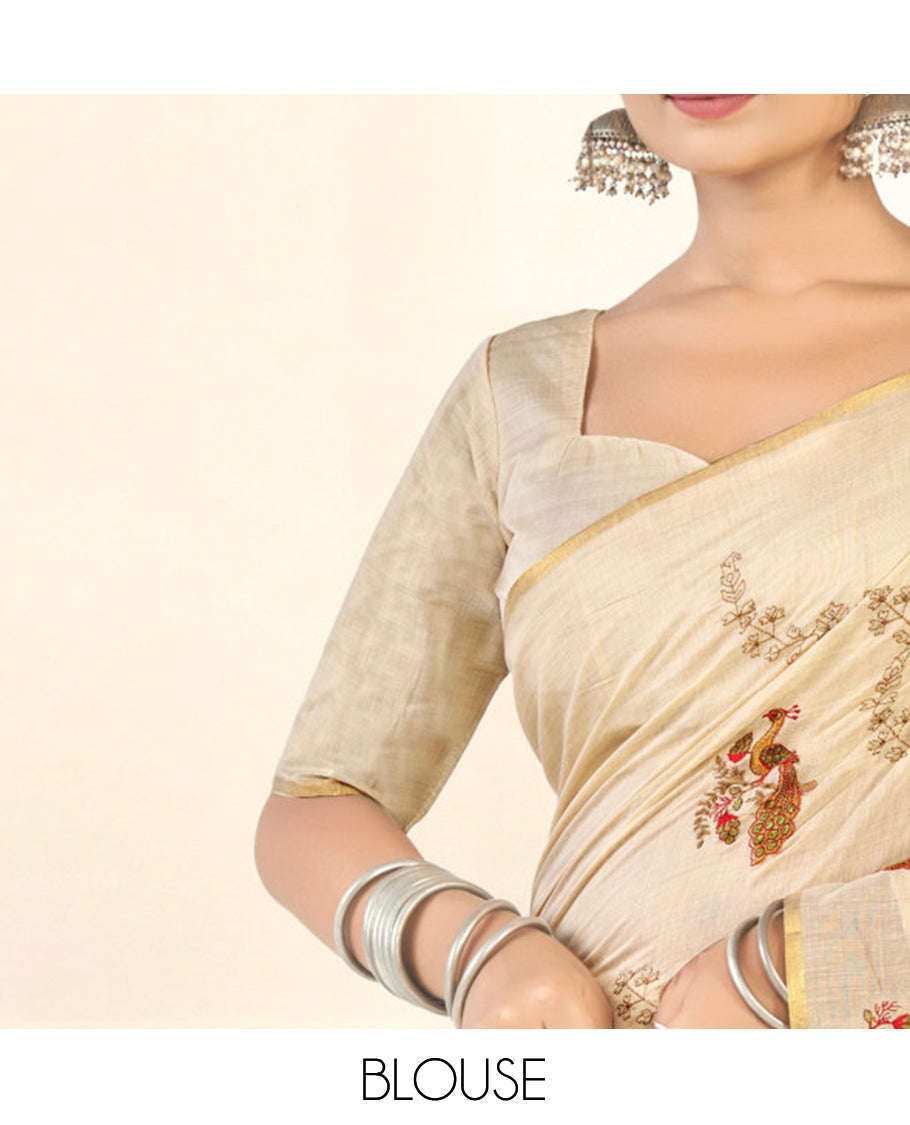 Borderless Cream Floral Vine-Peacock Embroidered Linen Cotton Designer Catalog Saree, a Matching Blouse