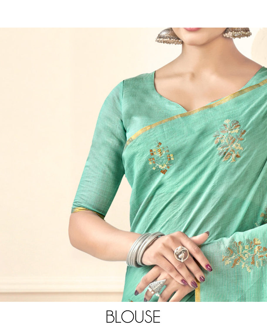 Borderless Green Linen Cotton Designer Catalog Saree, Bedecked with Embroidered Motifs, and a Matching Blouse