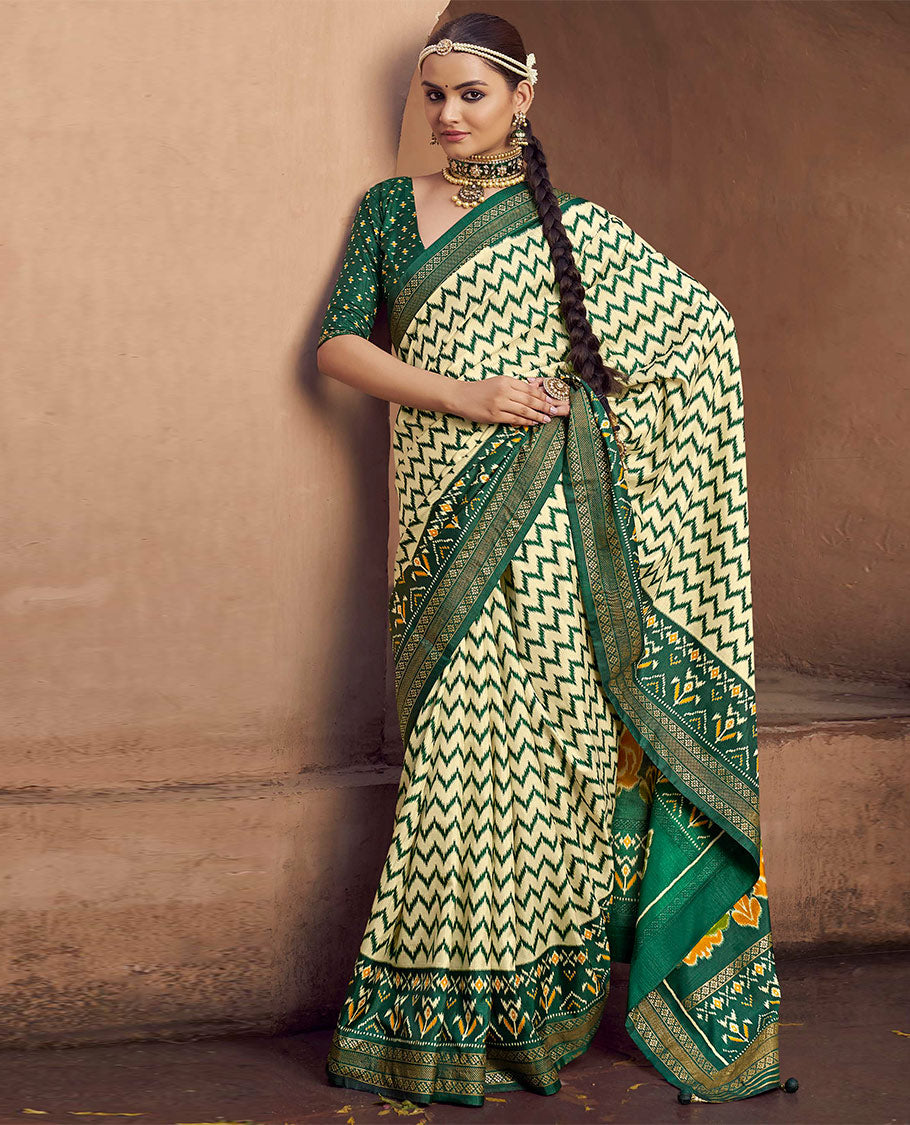 Pale Yellow Ikat Patola Designer Saree, Adorned with Ikat Chevron Stripes, Complemented by a Contrast Ikat Border, Ikat Woven Pallu, and a Contrast Blouse