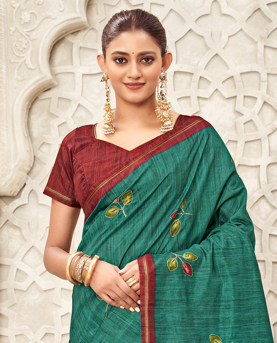 Green Fancy Tussar Designer Saree, Adorned with Leaf Motifs, a Contrast Border, Floral Design Pallu, and a Contrast Blouse