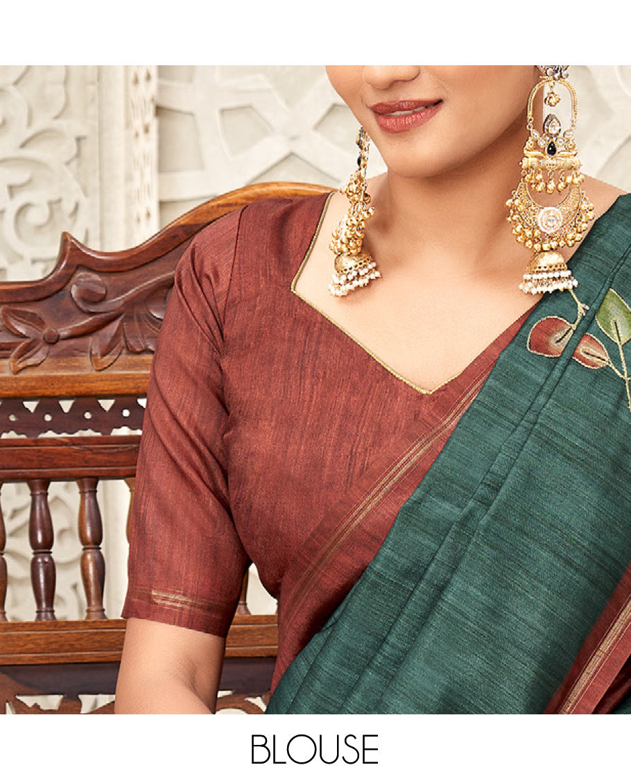 Bottle Green Fancy Tussar Designer Saree, Adorned with Leaf Motifs, a Contrast Border, Floral Design Pallu, and a Contrast Blouse