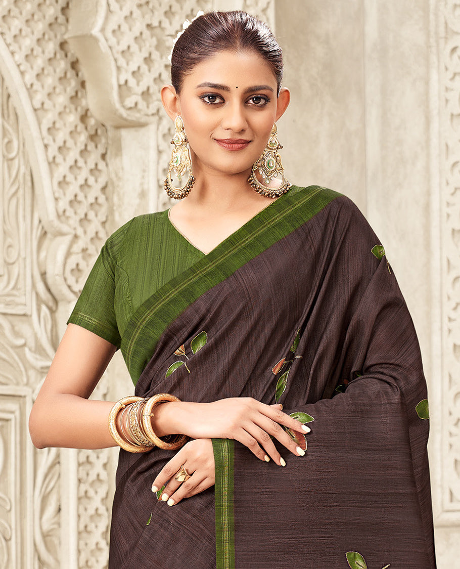 Coffee Brown Fancy Tussar Designer Saree, Adorned with Leaf Motifs, a Contrast Border, Floral Design Pallu, and a Contrast Blouse