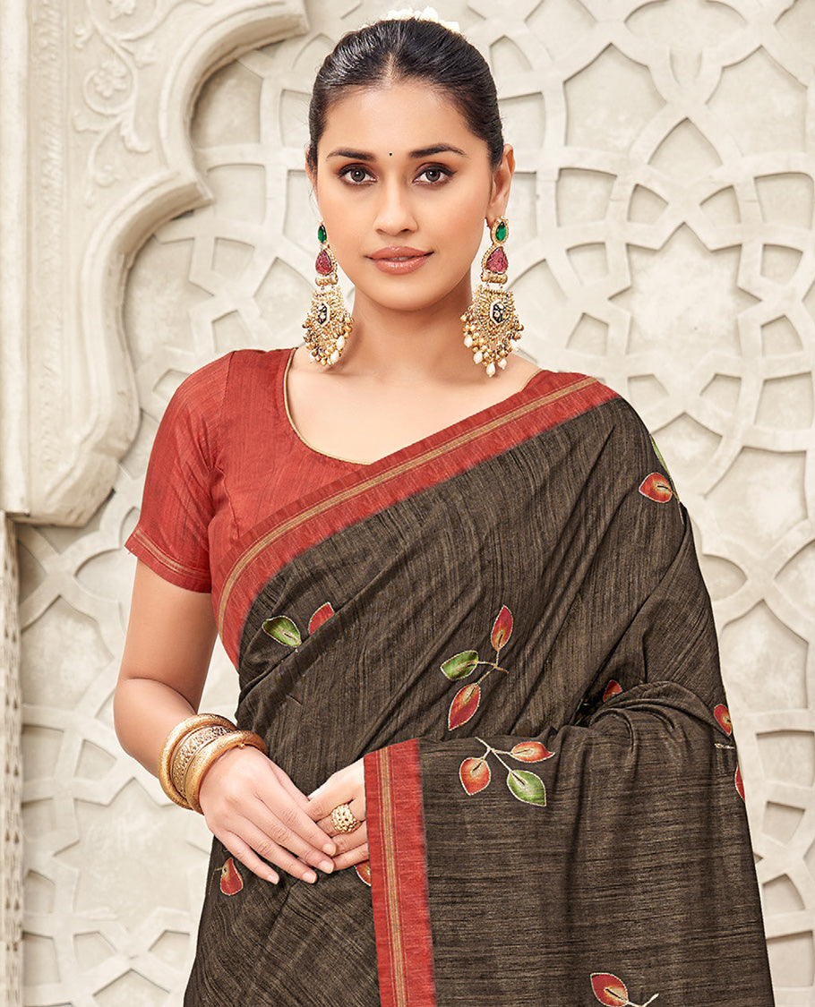 Brown Fancy Tussar Designer Saree, Adorned with Leaf Motifs, a Contrast Border, Floral Design Pallu, and a Contrast Blouse