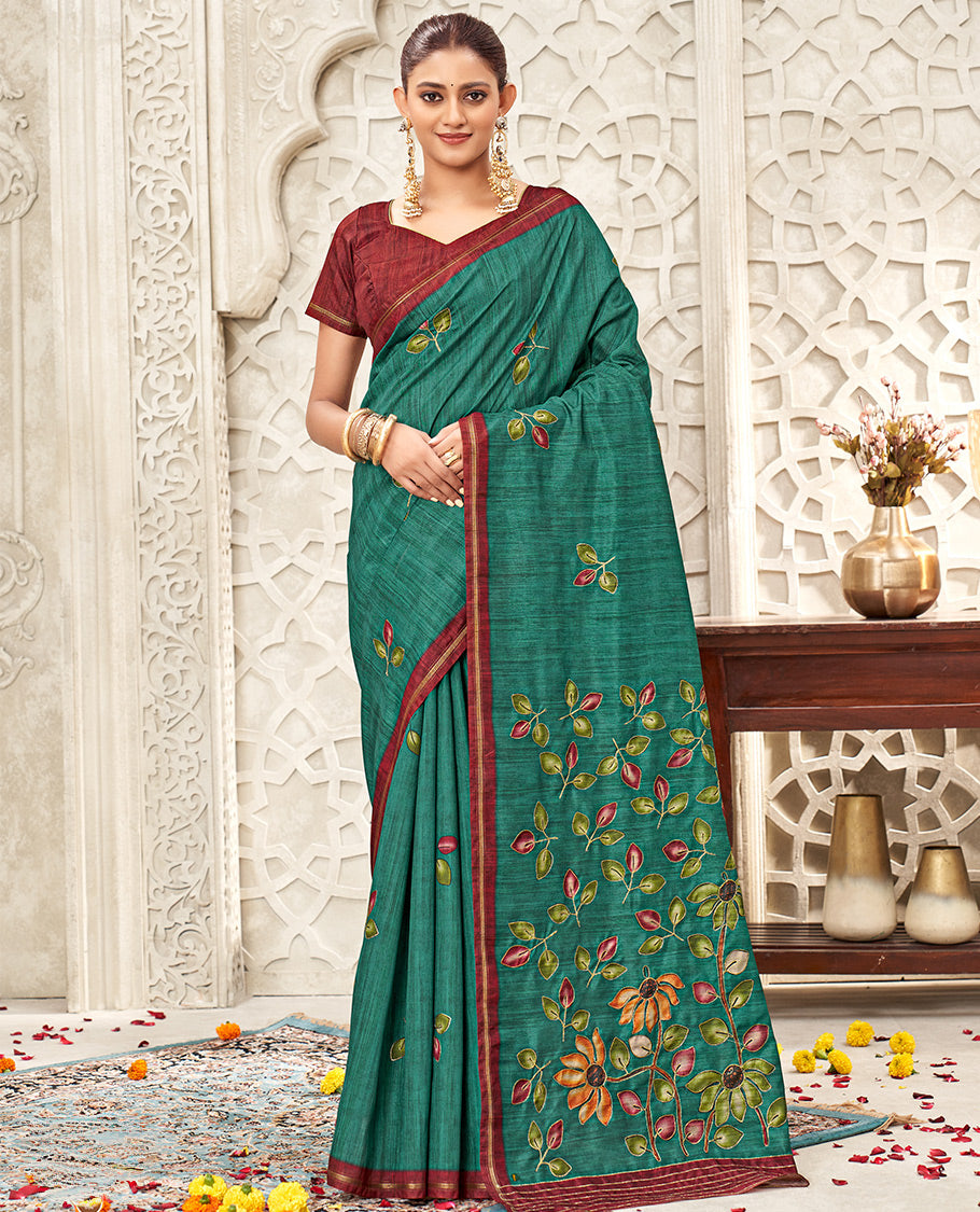 Green Fancy Tussar Designer Saree, Adorned with Leaf Motifs, a Contrast Border, Floral Design Pallu, and a Contrast Blouse