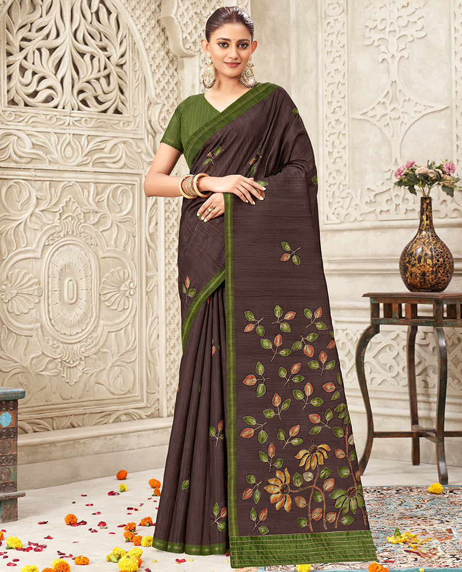 Coffee Brown Fancy Tussar Designer Saree, Adorned with Leaf Motifs, a Contrast Border, Floral Design Pallu, and a Contrast Blouse