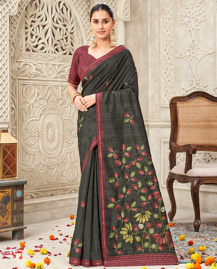 Black Fancy Tussar Designer Saree, Adorned with Leaf Motifs, a Contrast Border, Floral Design Pallu, and a Contrast Blouse