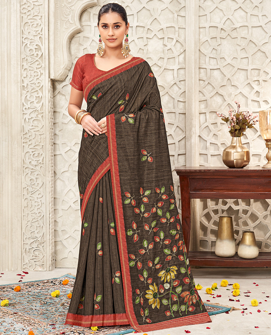 Brown Fancy Tussar Designer Saree, Adorned with Leaf Motifs, a Contrast Border, Floral Design Pallu, and a Contrast Blouse