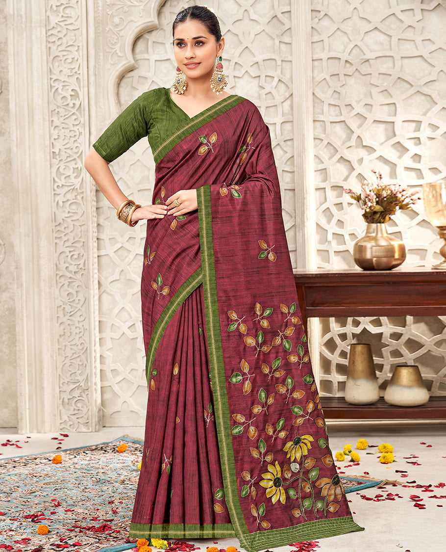 Wine Fancy Tussar Designer Saree, Adorned with Leaf Motifs, a Contrast Border, Floral Design Pallu, and a Contrast Blouse