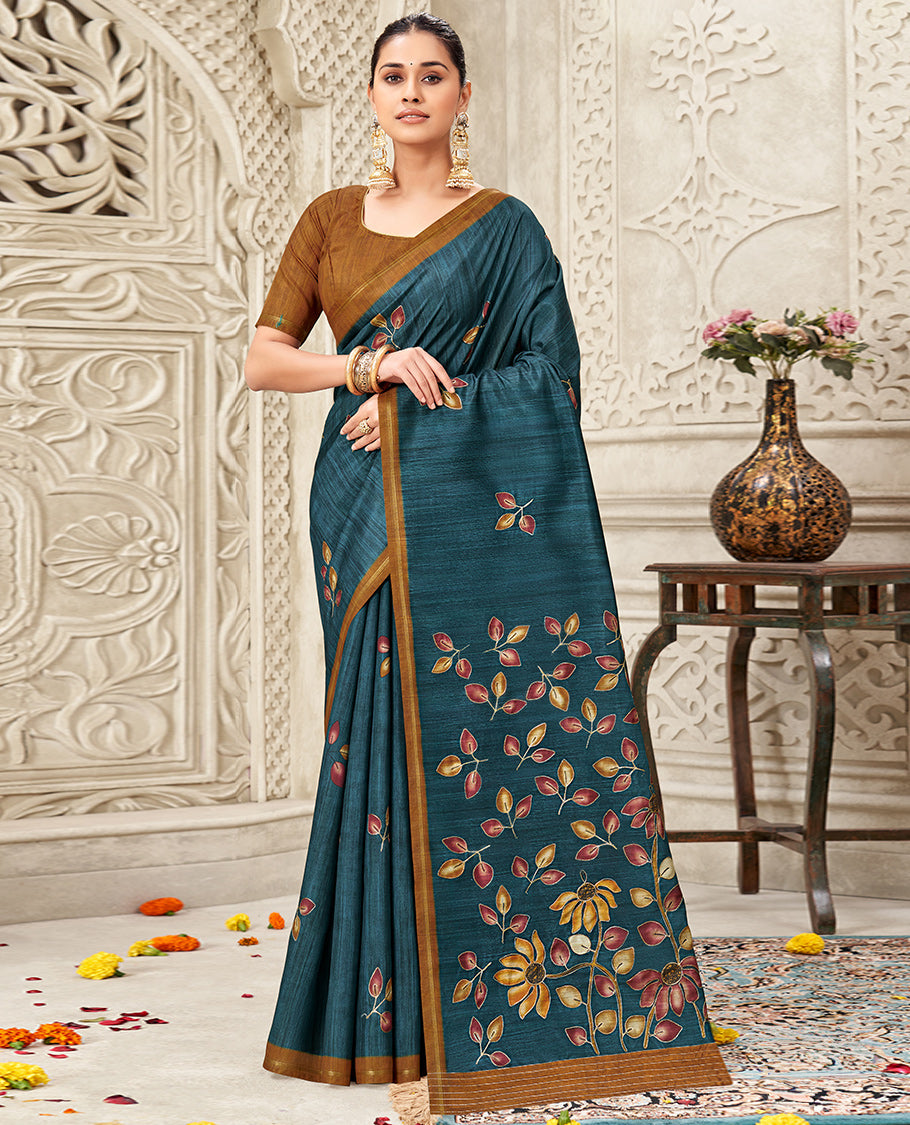 Blue Fancy Tussar Designer Saree, Adorned with Leaf Motifs, a Contrast Border, Floral Design Pallu, and a Contrast Blouse