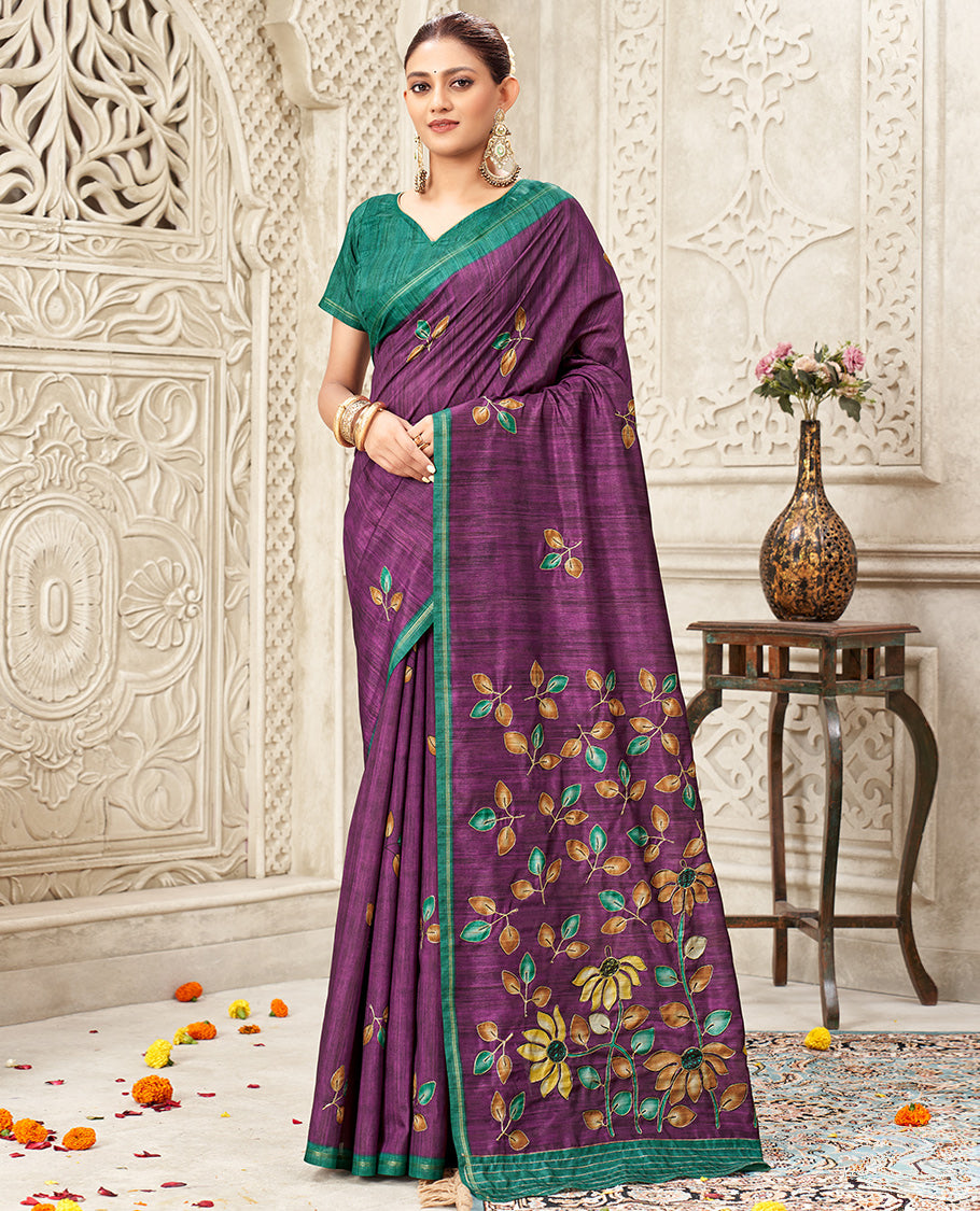 Purple Fancy Tussar Designer Saree, Adorned with Leaf Motifs, a Contrast Border, Floral Design Pallu, and a Contrast Blouse