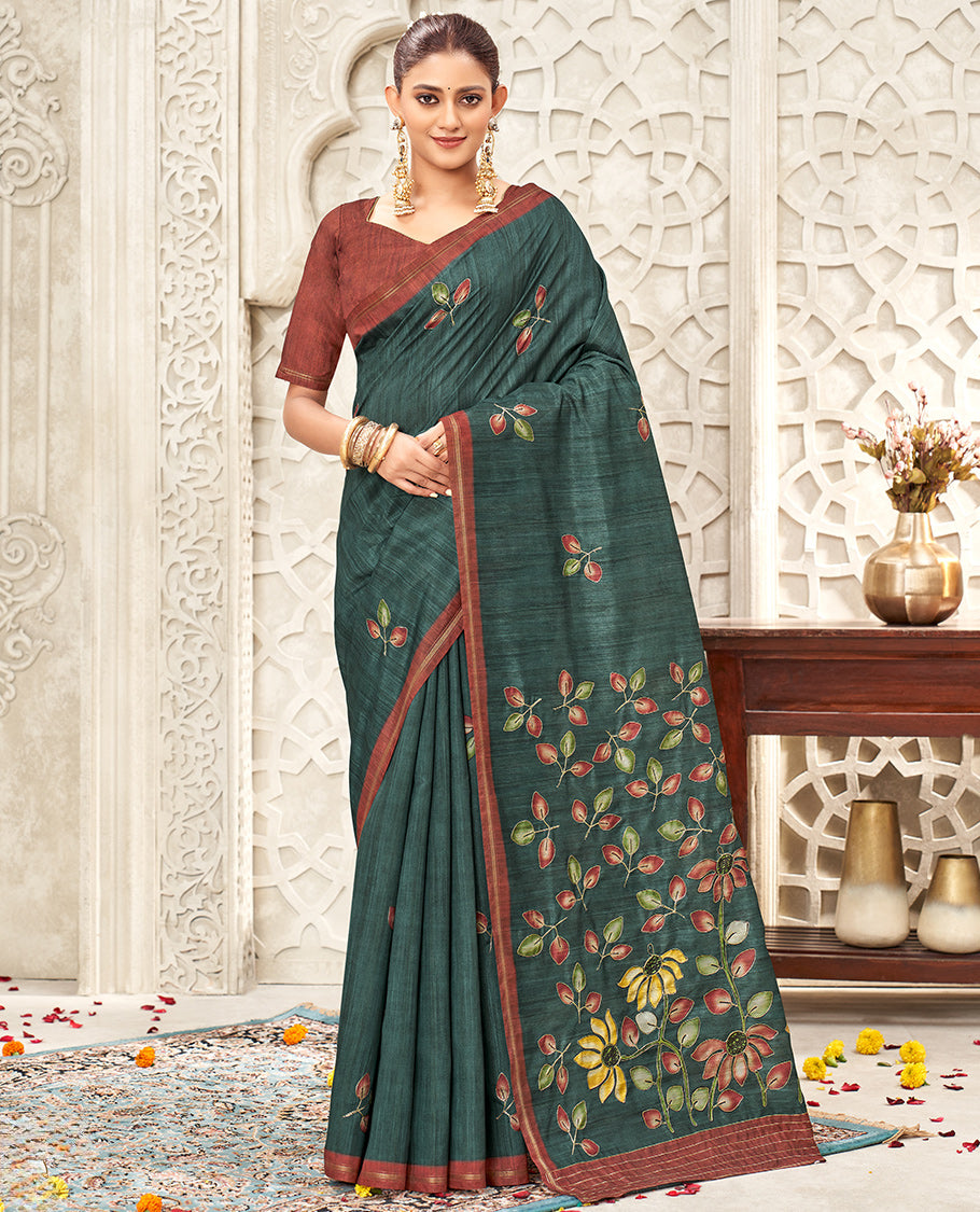 Bottle Green Fancy Tussar Designer Saree, Adorned with Leaf Motifs, a Contrast Border, Floral Design Pallu, and a Contrast Blouse
