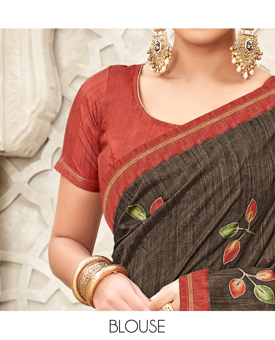 Brown Fancy Tussar Designer Saree, Adorned with Leaf Motifs, a Contrast Border, Floral Design Pallu, and a Contrast Blouse