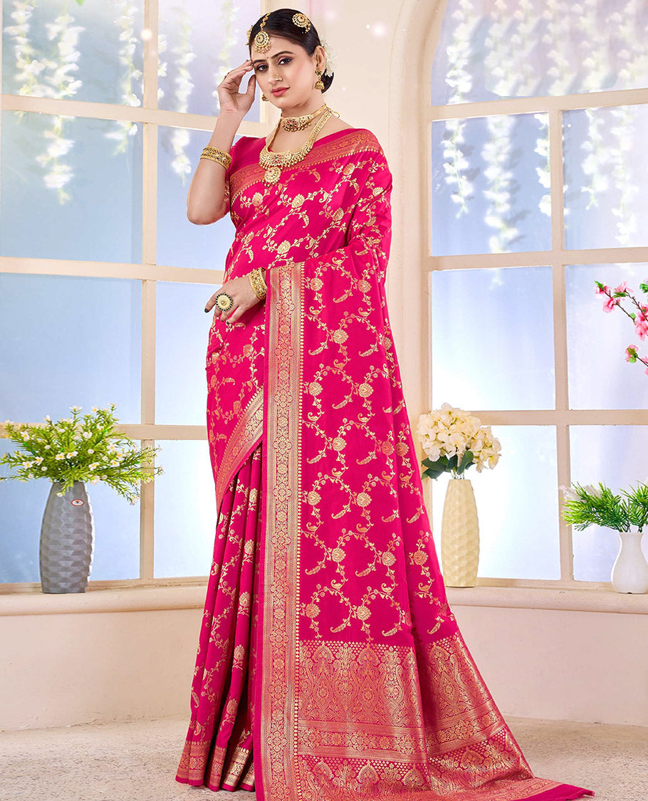 Pink Semi Banaras Designer Catalog Saree, Richly Detailed with Jacquard Design, Highlighted by a Traditional Zari Border, Intricate Pallu, and a Matching Blouse