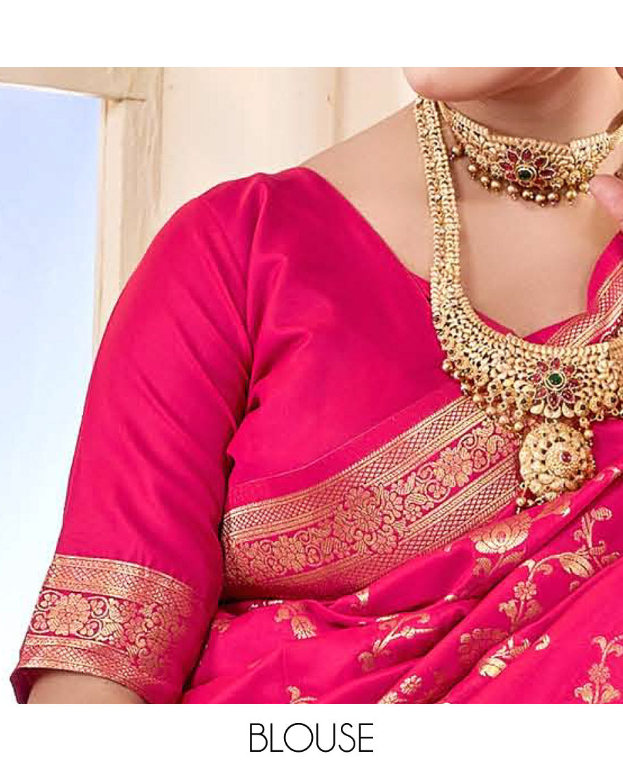 Pink Semi Banaras Designer Catalog Saree, Richly Detailed with Jacquard Design, Highlighted by a Traditional Zari Border, Intricate Pallu, and a Matching Blouse