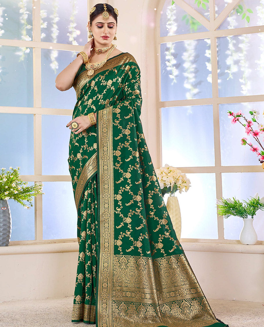 Green Semi Banaras Designer Catalog Saree, Richly Detailed with Jacquard Design, Highlighted by a Traditional Zari Border, Intricate Pallu, and a Matching Blouse