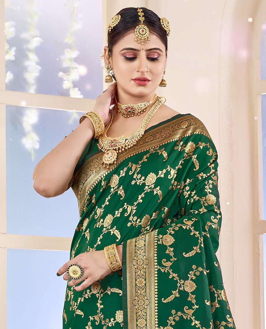 Green Semi Banaras Designer Catalog Saree, Richly Detailed with Jacquard Design, Highlighted by a Traditional Zari Border, Intricate Pallu, and a Matching Blouse