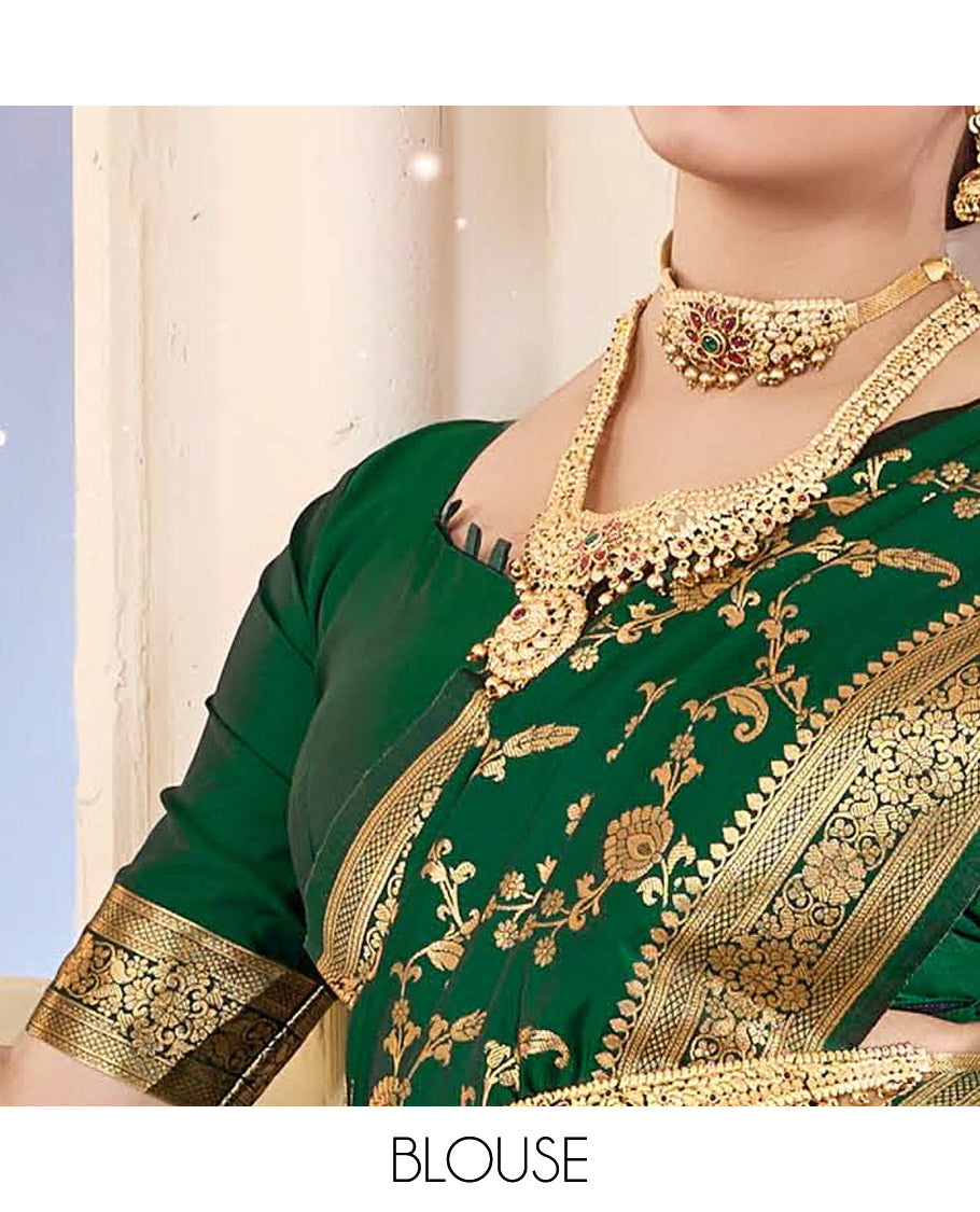 Green Semi Banaras Designer Catalog Saree, Richly Detailed with Jacquard Design, Highlighted by a Traditional Zari Border, Intricate Pallu, and a Matching Blouse