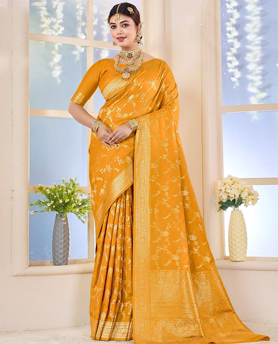 Orange Semi Banaras Designer Catalog Saree, Richly Detailed with Jacquard Design, Highlighted by a Traditional Zari Border, Intricate Pallu, and a Matching Blouse