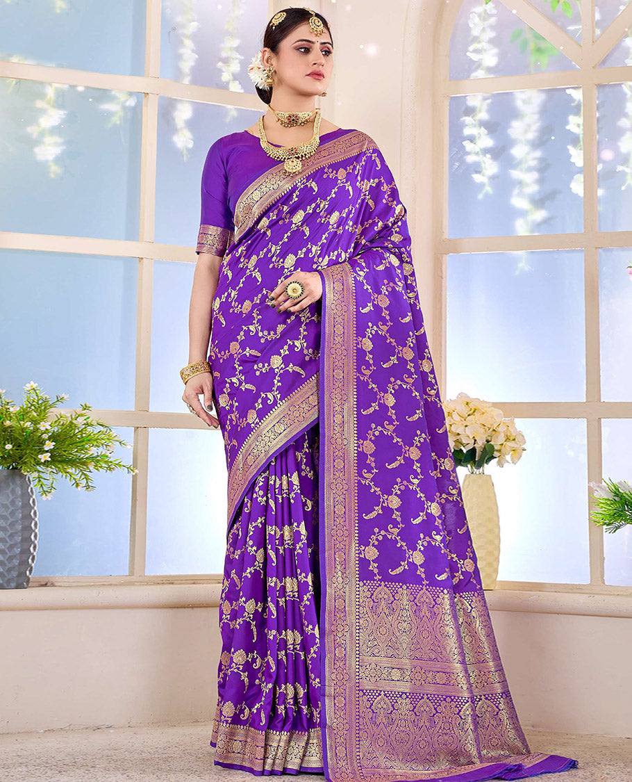 Violet Semi Banaras Designer Catalog Saree, Richly Detailed with Jacquard Design, Highlighted by a Traditional Zari Border, Intricate Pallu, and a Matching Blouse