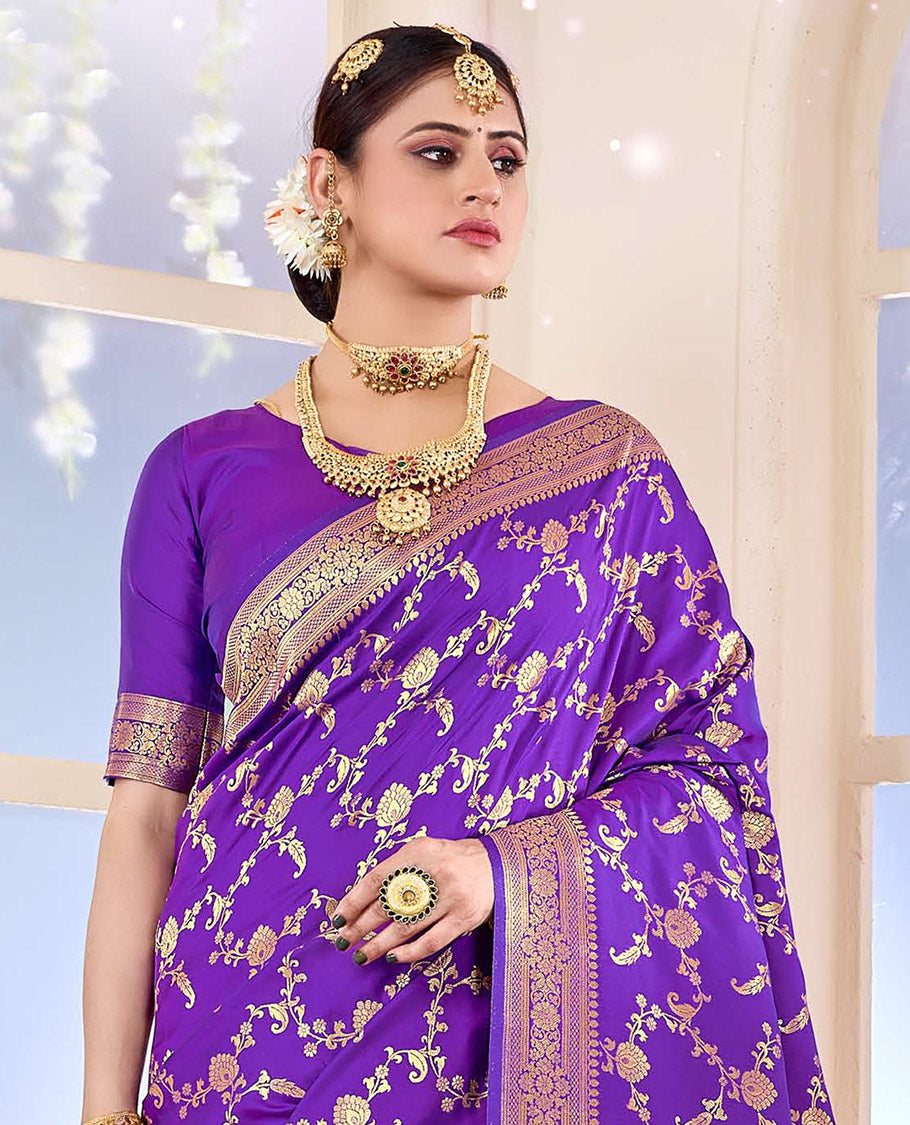 Violet Semi Banaras Designer Catalog Saree, Richly Detailed with Jacquard Design, Highlighted by a Traditional Zari Border, Intricate Pallu, and a Matching Blouse