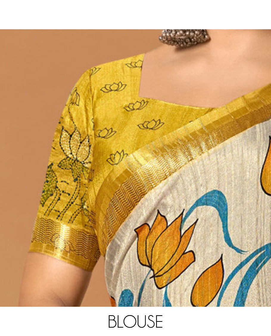 Beige Fancy Tussar Designer Saree, Artfully Detailed with Lotus Design, a Contrast Border, a Floral-Bird Pallu, and a Contrast Blouse