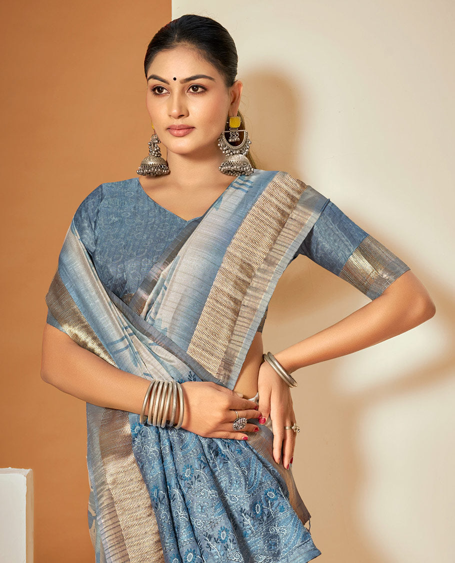 Grey-Blue Fancy Tussar Designer Saree, Mesmerized with Floral Print, a Zari Border, an Embroidered Pallu, and a Contrast Blouse