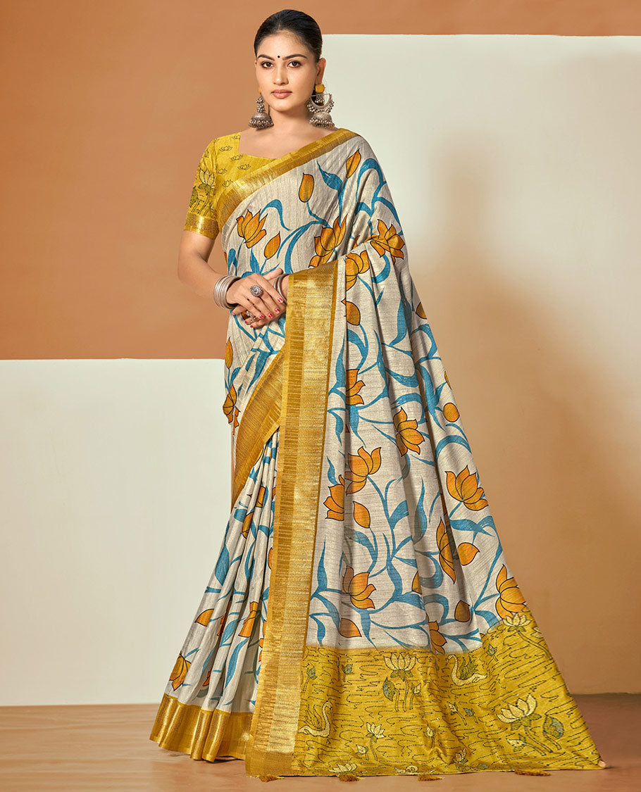 Beige Fancy Tussar Designer Saree, Artfully Detailed with Lotus Design, a Contrast Border, a Floral-Bird Pallu, and a Contrast Blouse