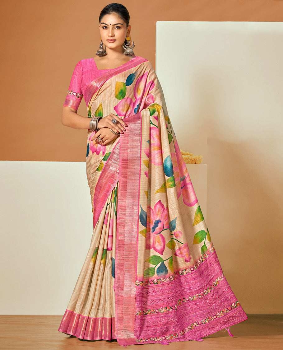 Sandal Fancy Tussar Designer Saree, Embellished with Colorful Floral Print, a Contrast Border, a Floral Embroidered Pallu, and a Contrast Blouse