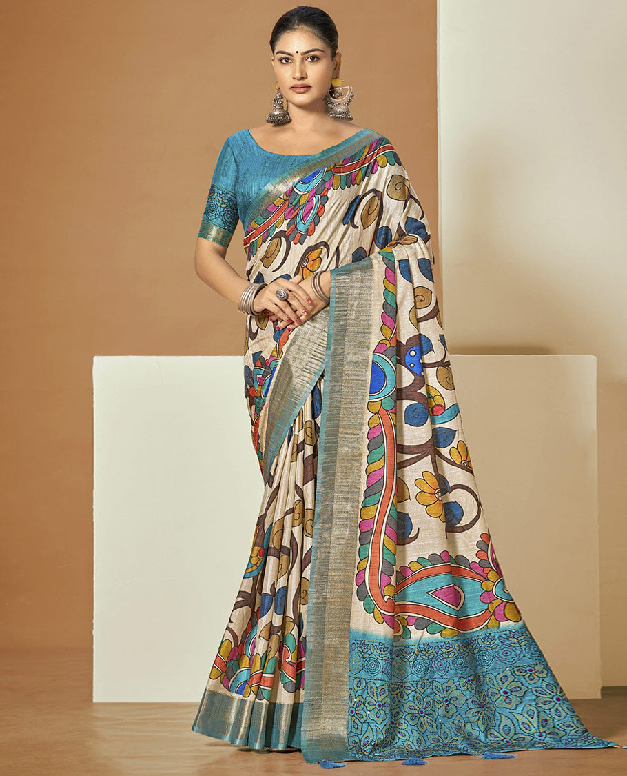 Multi-Color Fancy Tussar Designer Saree, Impeccably Styled with Vibrant Floral Print, a Contrast Border, a Floral Embroidered Pallu, and a Contrast Blouse
