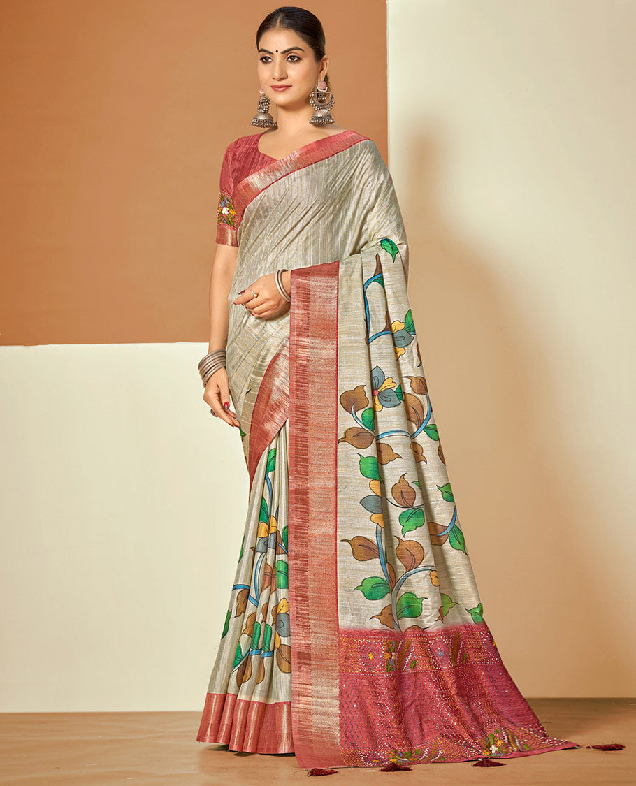 Grey Fancy Tussar Designer Saree, Embellished with a Leaf Vine and Butterfly Print, a Contrast Border, an Embroidered Pallu, and a Contrast Blouse