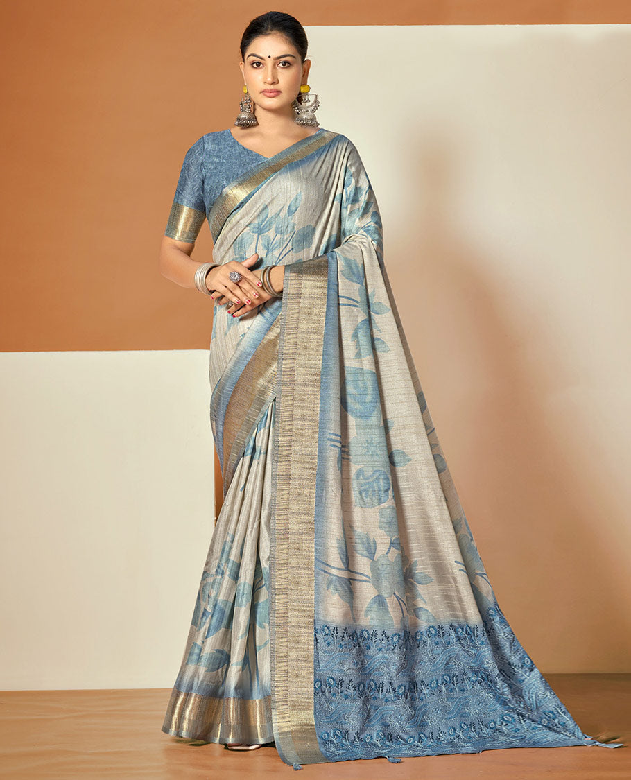 Grey-Blue Fancy Tussar Designer Saree, Mesmerized with Floral Print, a Zari Border, an Embroidered Pallu, and a Contrast Blouse