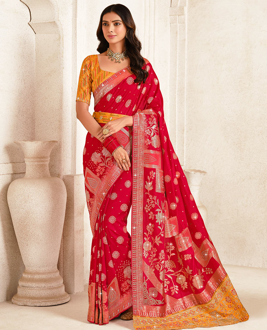 Red micro-stone work buttas designer saree, zari-stone work border, intricate pallu, and a embroidered belt