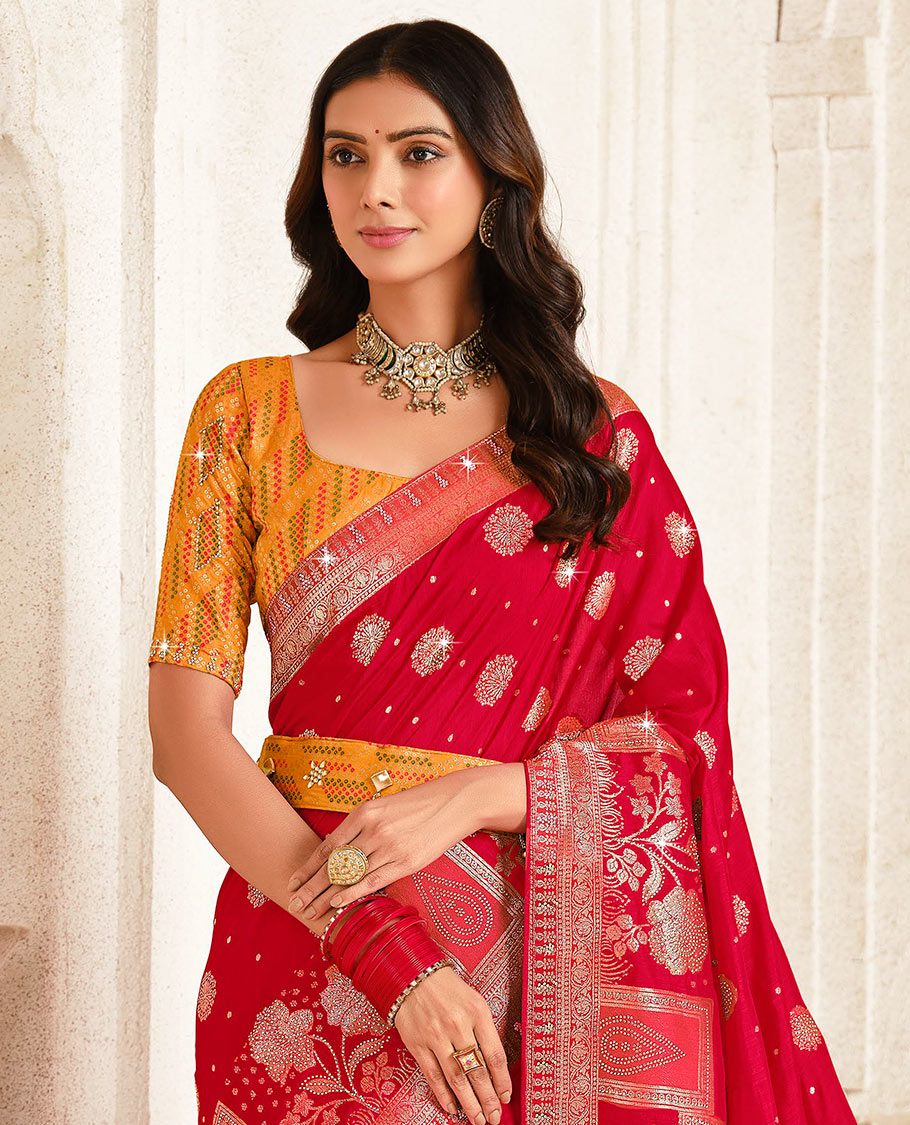 Red micro-stone work buttas designer saree, zari-stone work border, intricate pallu, and a embroidered belt