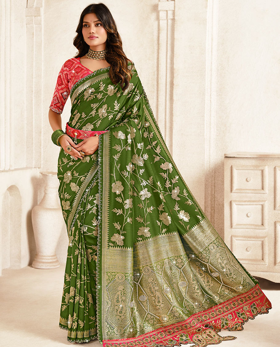 Green floral jaal designer saree, scallop stone work border, intricate pallu, and a embroidered belt
