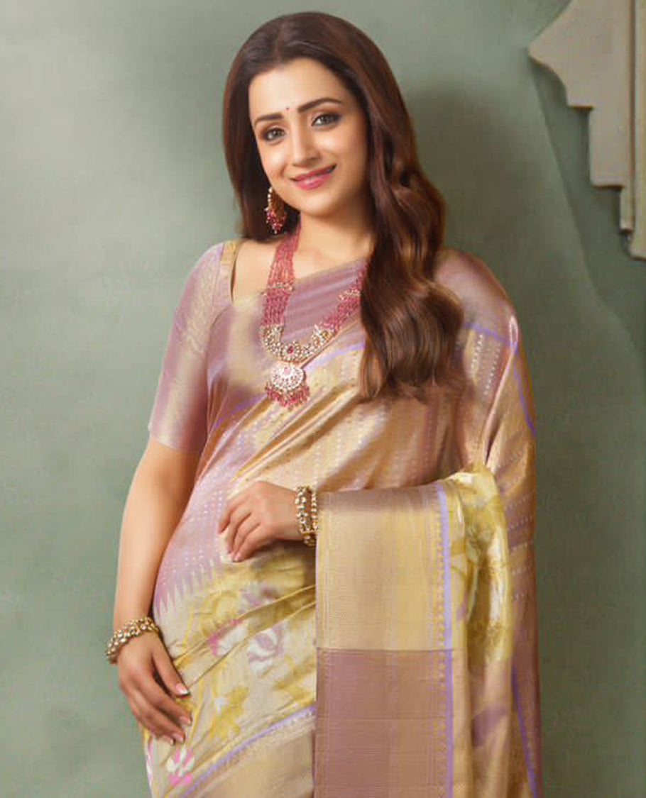Yellow floral jacquard silk saree with contrast tradtiotnal zari design border & floral design pallu