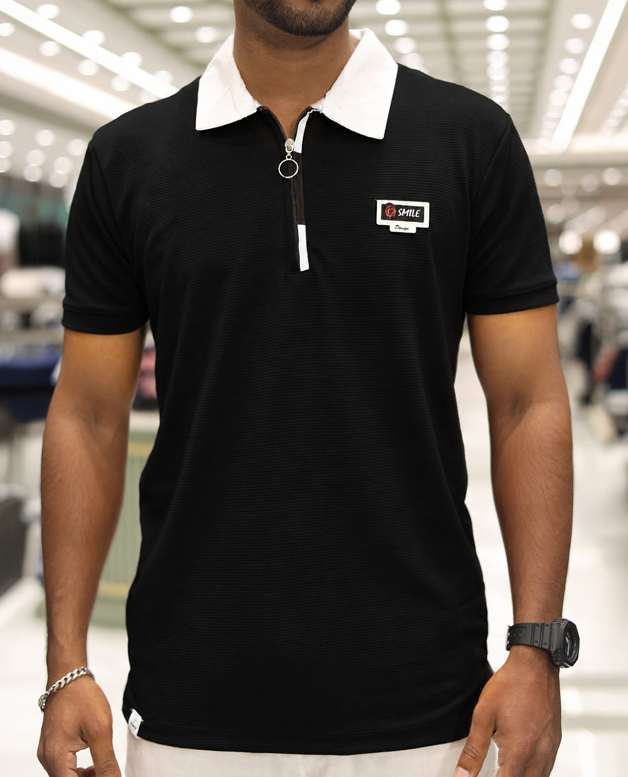 Black Cotton-Blended Zipper T-Shirt Features Half-Sleeves, a Contrast Polo Collar, Slim Fit, and Regular Length