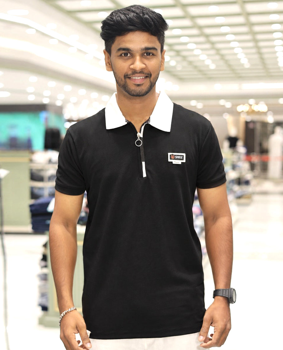Black Cotton-Blended Zipper T-Shirt Features Half-Sleeves, a Contrast Polo Collar, Slim Fit, and Regular Length