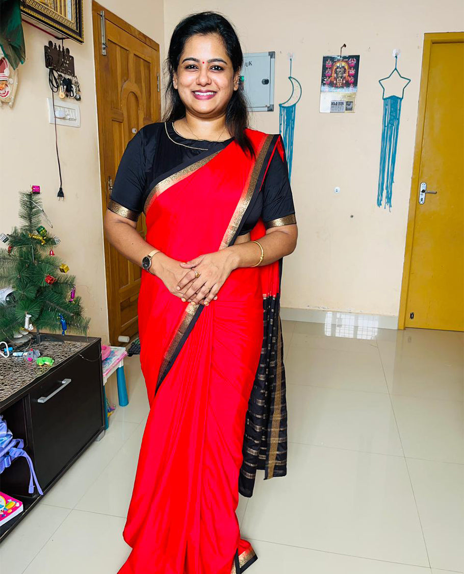 Red Plain Semi-Mysore Silk Saree, Complemented by a Contrast Traditional Zari Design Woven Border, Pallu Subtly Sparkled with Zari Stripes, and Paired with a Contrast Blouse