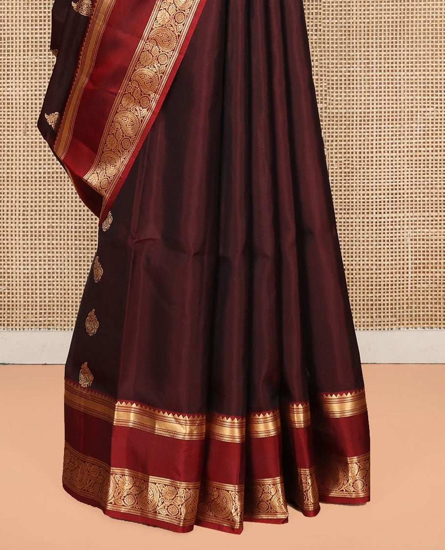 Maroon Mayuri Lite Silk Mix Saree, Finely Crafted with Zari Buttas on Its Body, Complemented by Contrast Border of Rekku, Kathir, and Manga Designs, Contrast Pallu of Intricate Designs, and Paired with a Contrast Blouse