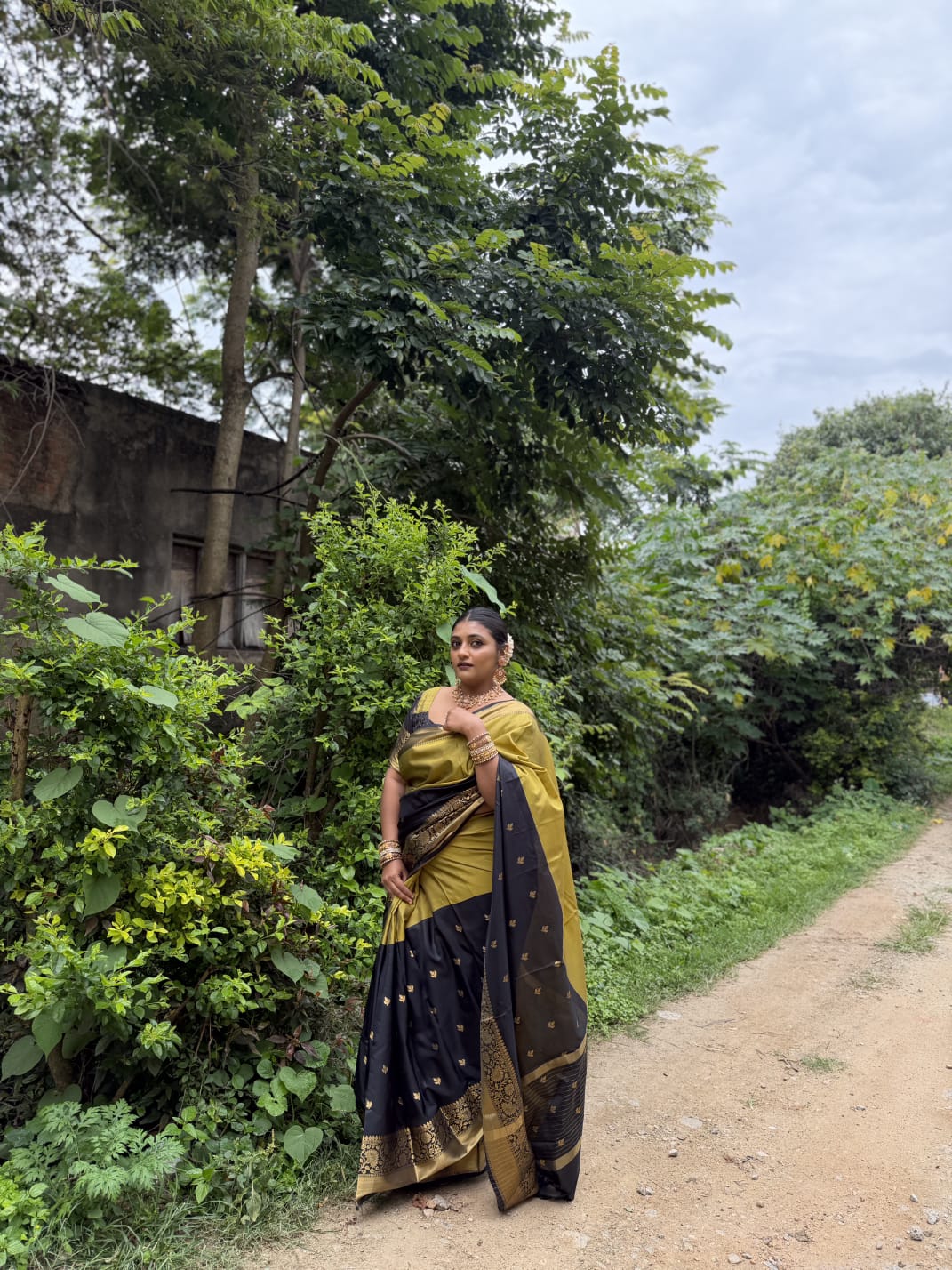 Mehendi and Black Banarasi Tissue Saree With Half-And-Half-Style and Zari Buttas All Over Its Body,Contrast Traditional Zari Design Border, a Self-Pallu, and Paired with a Matching Blouse