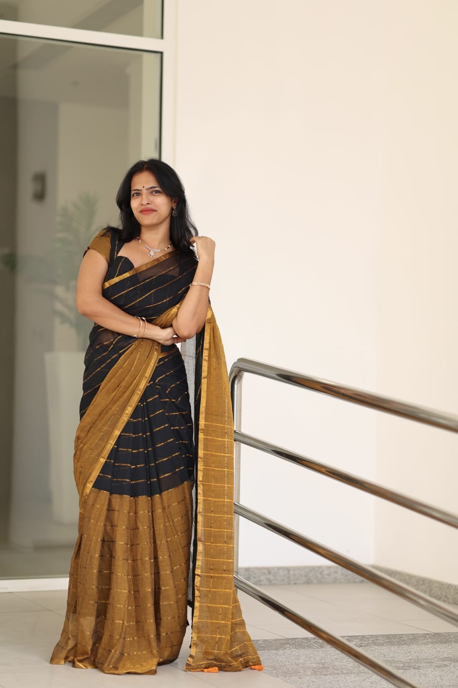 Mustard-Black Striped Khadi Mul Cotton Saree, a Piping Border, Striped Pallu, a Contrast Blouse