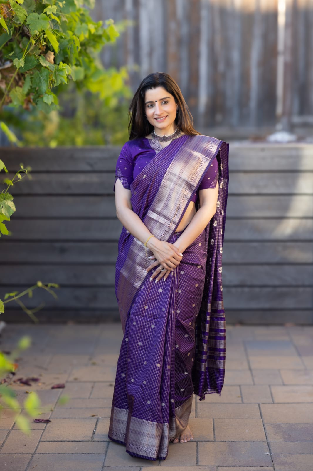 Violet Semi-Tussar Saree, Zari Buttas and Checks, Traditional Border, and Matching Blouse