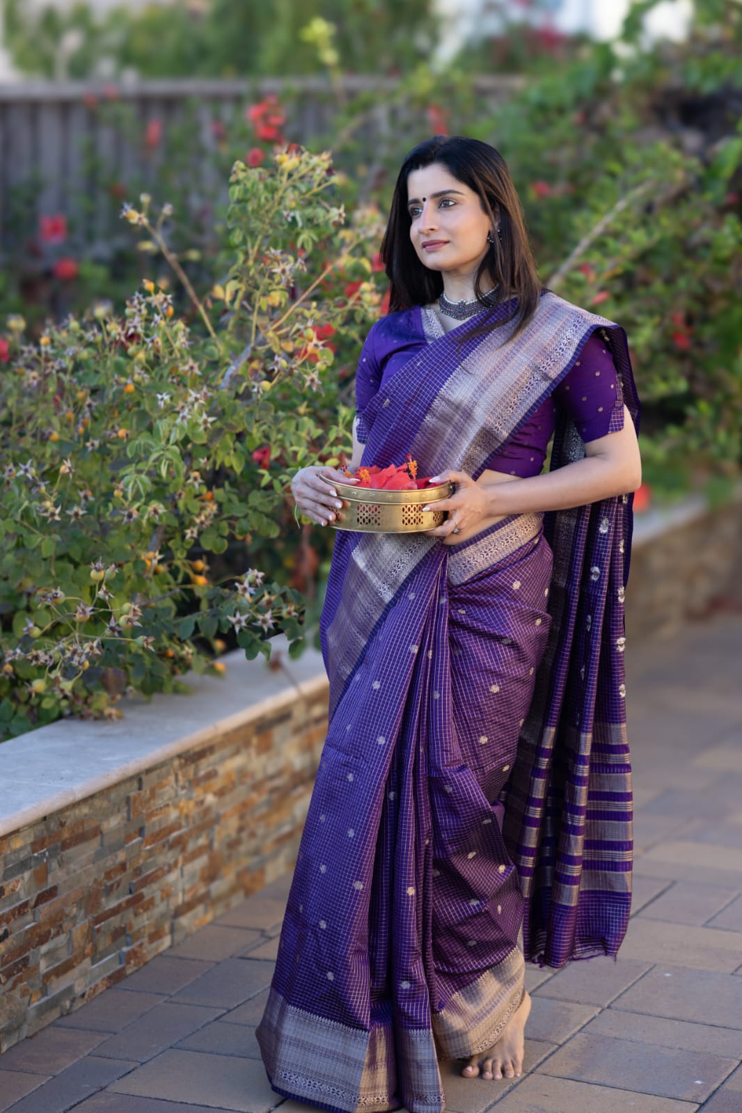Violet Semi-Tussar Saree, Zari Buttas and Checks, Traditional Border, and Matching Blouse