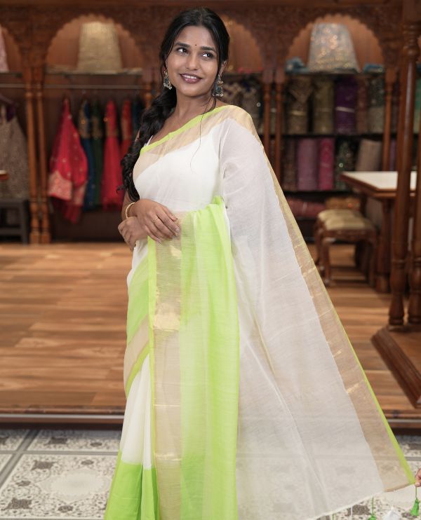 Off-White-Parrot Green Plain Half-And-Half-Style Khadi Mul Cotton Saree with a Zari Border, and No Blouse