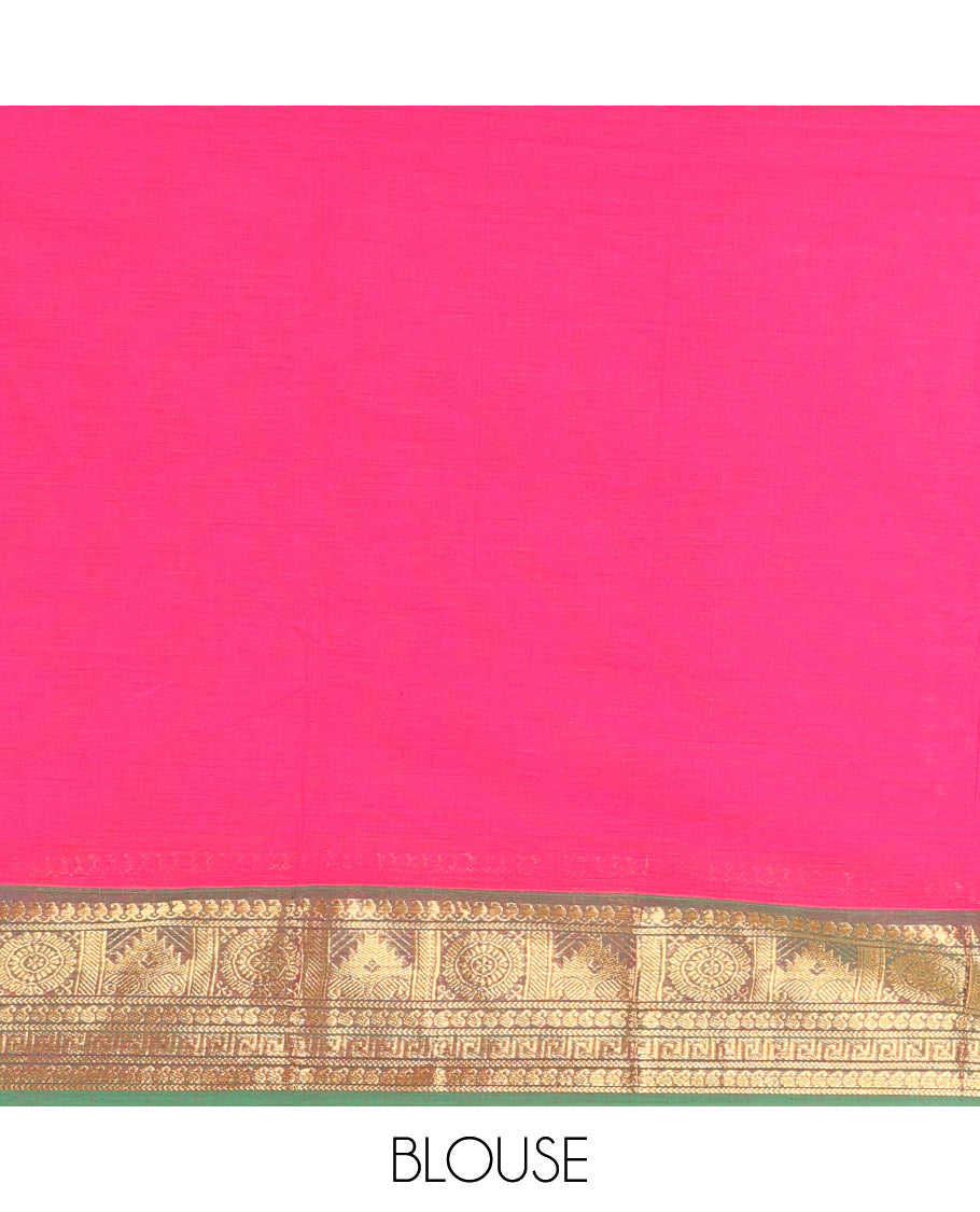 Pink Chettinad Cotton Saree Accentuated with Zari Buttas All Over Its Body, Complemented by a Contrast Border of Traditional Zari Designs, and Pallu Features Floral Creeper and Jaal Design
